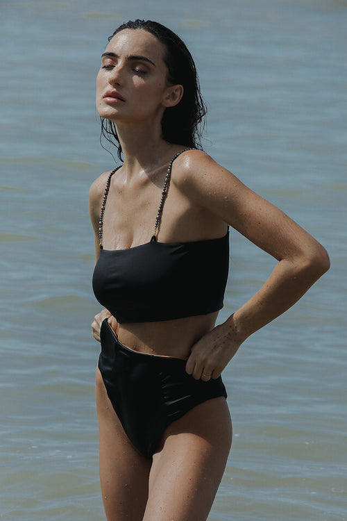 DANI BIKINI TOP - NOIR WITH PEARL STRAPS